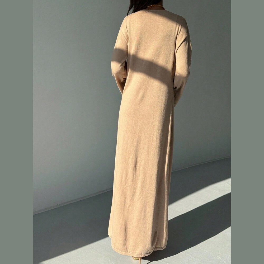 Tan Ribbed Knit V-Neck Spaghetti Strap Bodycon Maxi Dress